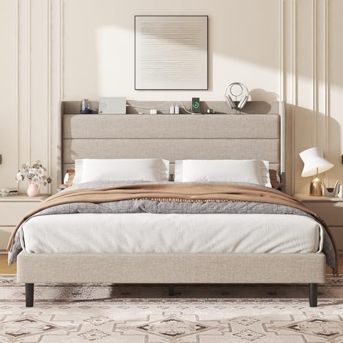 Lcwtvgxr Queen Size Linen Multifunctional Bed Frame, Wingback Headboard with Charging Station & Storage Shelf, Upholstered Platform Bed, Noise Free, No Box Spring Needed, Easy Assembly, Beige