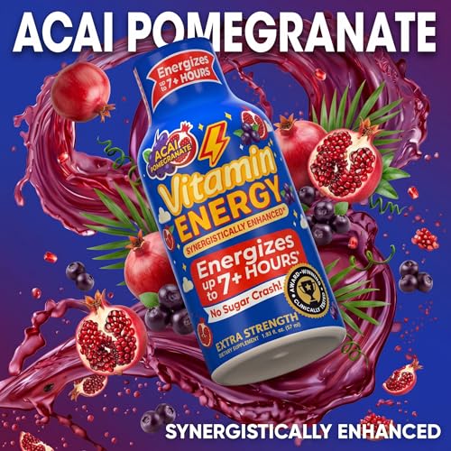 Image of Vitamin Energy Acai Pomegranate Extra Strength Energy Shot, 24 Pack - Up to 7 Hrs, 260mg Natural Caffeine, Zero Sugar - B12 11,000% DV + B6 2,118% DV + Taurine 1,500mg, 1.93 fl oz, Keto Vegan