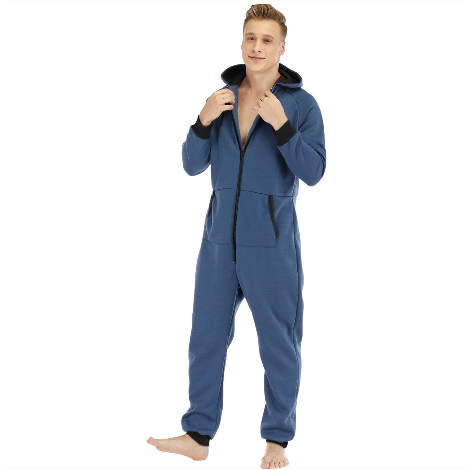 Pyjama Grenouillere Homme Combinaison Pyjama a Capuche Casual Polaire Doublure Mélange de Coton Zippé Adulte Une Pièce Hiver Automne Chaud Confortable Homewear