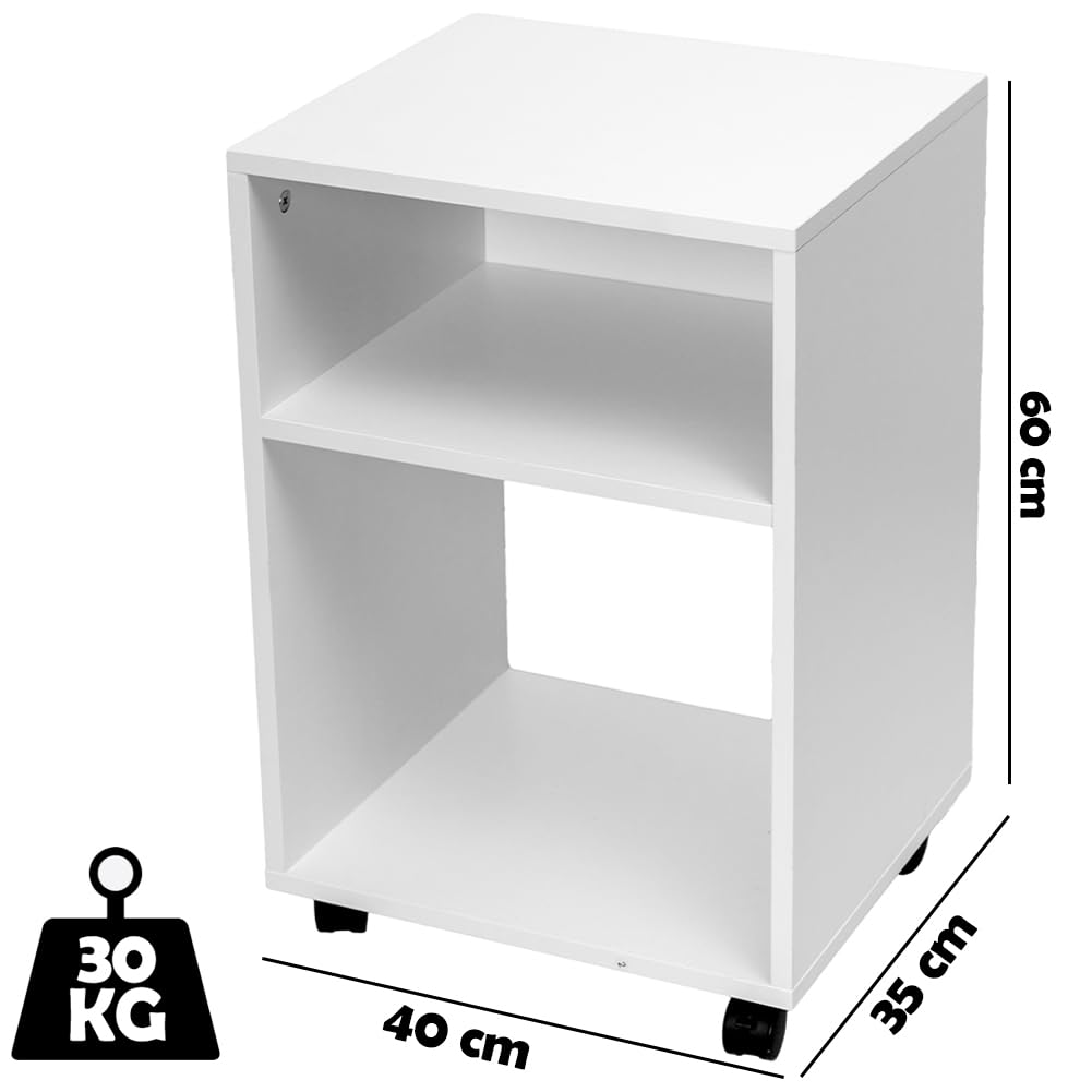 BAKAJI Mobile Ufficio Porta Stampante con Ruote Salvaspazio, Mobiletto Multiuso con 2 Scomparti e 3 Ripiani, Tavolino per Casa, Bagno, Studio in Legno Bianco 40 x 35 x 60 cm