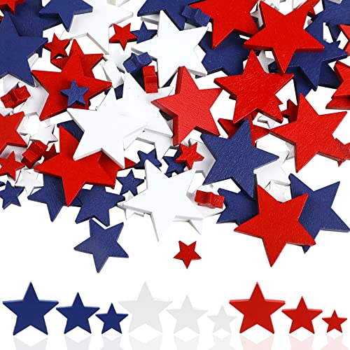 FOIMAS 120pcs 4th of July Wood Stars Ornament Patriotic Wooden Star for Crafts Independence Day Memorial America Flag Labor Day White Navy Blue and Red
