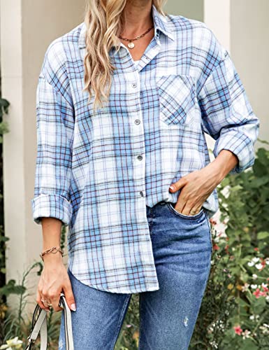 Wanzetaly Womens Casual Oversized Flannel Plaid Button Down Long Sleeve Shirts Fashion Blouse Tops with Pocket2