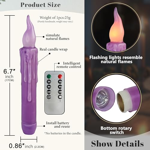 Image of Purple Flameless Short Taper Candles, Real Wax Hand Dipped LED Battery Operated with Remote, Flickering Flame Lights for Festival Party Home Decor, 6.7 Inch Primitive Flameless Candles, 2PCS