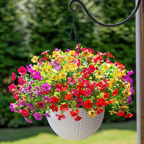 HyeFlora Artificial Faux Hanging Plants Flowers Basket for Outdoor Outside Spring Summer Decoration, Fake Silk UV Sun Resistant Realistic Colorful Daisy for Porch Patio Balcony Home