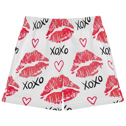Girls Athletic Lounge Shorts Red White Lipstick Kisses Print Comfy Casual Summer Pajama Activewear, X-Small