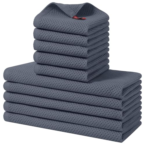Homaxy 100% Cotton Kitchen Towels and Dishcloths Set, 12 x 12 Inches and 13 x 28 Inches, Set of 10 Bulk Kitchen Towels Set, Ultra Soft Absorbent Dish Cloths for Washing Dishes, Dark Grey