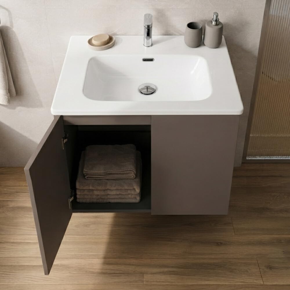 Mobile Bagno Sospeso 80 cm Tortora – Mobiletto Lavabo Moderno a Due Ante Push and Pull – Mobile Già Montato con Lavandino ad Incasso Linea Tierra