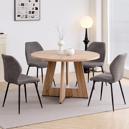 Image of 47 inch Round Dining Table Set for 4, Kitchen Table and Chairs | Wooden Cross Base, Boucle Fabric Chair, for Apartment