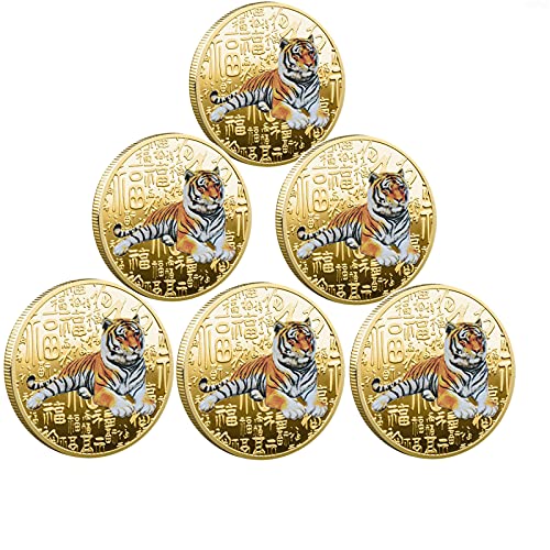 SUSHAFEN 6Pcs Tiger Year Commemorative Coins Gold Plated Gilding Present for 2022 Chinese Tiger New Year Coin Collection Blessing Souvenir Lucky Zodiac Gifts