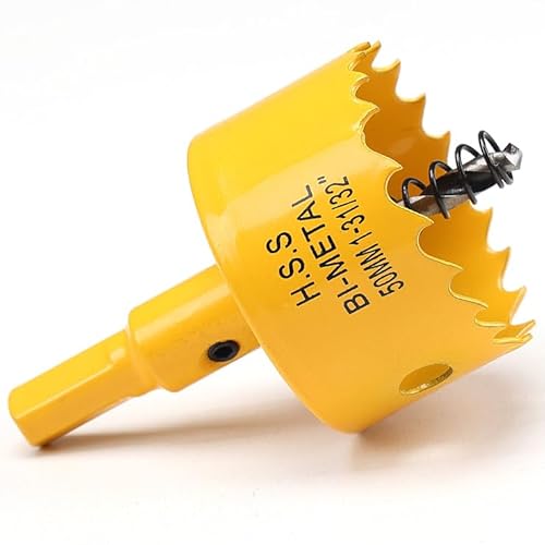 Sierra corona 50mm, bi-metálica sierra perforadora con árbol hexagonal y brocas de centrado, sierra de corona para madera, metal suave, PVC, Amarillo