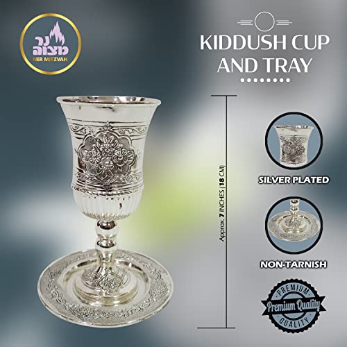 Ner Mitzvah Tall Kiddush Cup And Tray - Premium Quality Silver Plated Goblet With Stem - Shabbat And Havdalah Goblet - Judaica Shabbos And Holiday Gift #TOP2