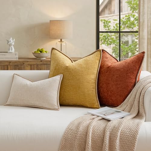 Image of a moment Pack of 2 Decorative Chenille Throw Pillow Covers with Twill Cushion Covers for Sofa Living Room Couch Bed 20x12 Inch,Crafted Border Beige