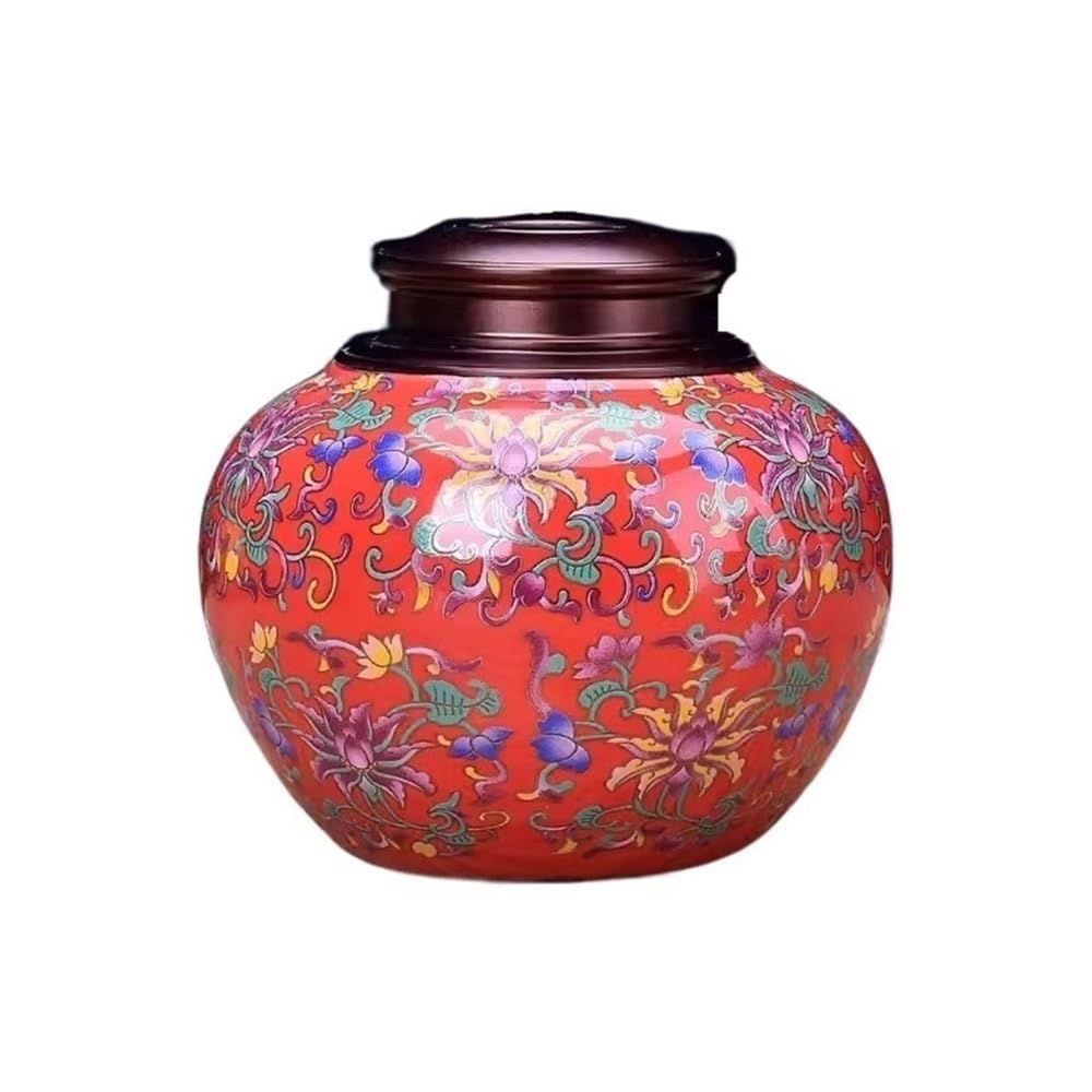 CHENGAIJIAN Tea Canister Ceramic Enamel Painted Tea Canisters Metal Lid Sealed Storage Jar Household Empty Porcelain(Red)