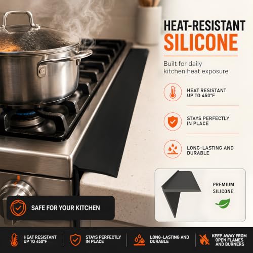 Image of Silicone Stove Gap Covers 2 Pack, Stove Gap Filler for Counter Gap, Black | Gap Filler for Stove and Counter, Heat Resistant Oven Gap Filler, Flexible Easy-Clean Silicone stove Guard for 0.1 inch-0.8 inch Gaps