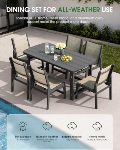 Image of HDPE Outdoor Patio Dining Set with Table & 6 Stackable Armless Textilene Chairs, All-Weather 7-Piece Dining Table Set with Umbrella Hole, Patio Furniture for Garden, Poolside, Backyard, Deck | Grey