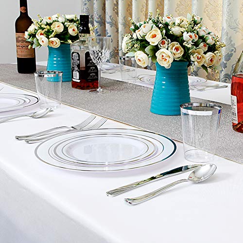 I00000 102Pcs Silver Plastic Plates, Disposable Plastic Party Plates With White Silver Rim Heavy Duty Fancy Wedding Party Plates Include 51 Dinner Plates 10.25" And 51 Dessert Appetizer Plates 7.5" #TOP2