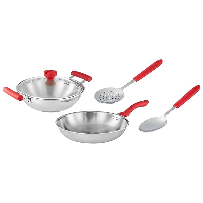 Solimo 4pcs Triply Cookware Set (Kadhai with Glass lid, Fry pan, Slotted Spoon, Serving Spoon)