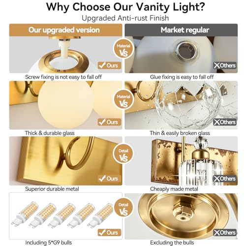 Image of Vintage Brushed Gold Bathroom Vanity Light Fixtures Over Mirror 5 Lights
