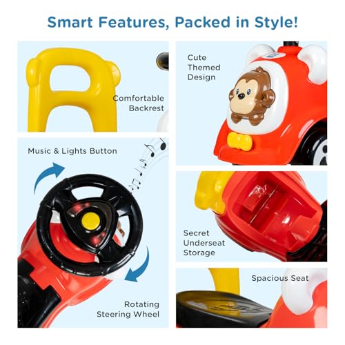 Image of Mee Mee Safari Cruze Ride on for Kids with Light Button,Music & Horn Steering, Push Car for Baby with Backrest, Safety Guard, Under Seat Storage & Big Wheels, Ride on for 1-3 Yrs Upto 25 Kgs (Red)