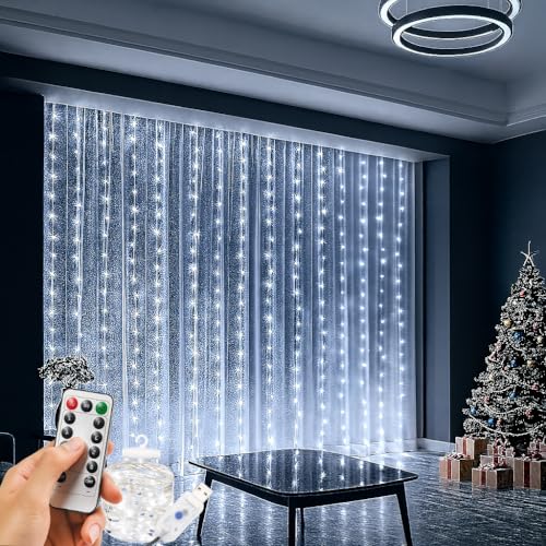 Cortina de LED 3x3m com 300 Leds Brancas Fria, Decoração de Natal, Ano Novo, Casamento, Festas e Eventos Especiais Controle Remoto, 8 Modos, Fio de Cobre, Quarto, Varandas, Janela, – VIA USB 110V/220V