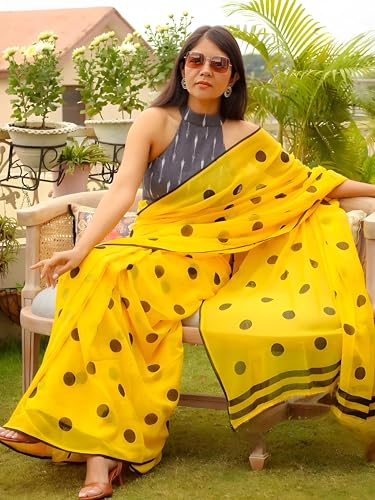 Image of Sidhidata Women's Polka Dot Printed Linen Cotton Saree With Unstitched Blouse Piece (Laddu Free Size)