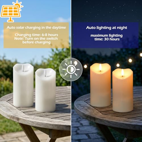 Image of Solar Candles Outdoor Waterproof, Flameless Flickering Pillar Candles 2 Pack 6 inch, IP65 Solar Powered Dusk to Dawn Sensor with 30+ Hours Long Lasting for Patio Garden Yard Deck Decor