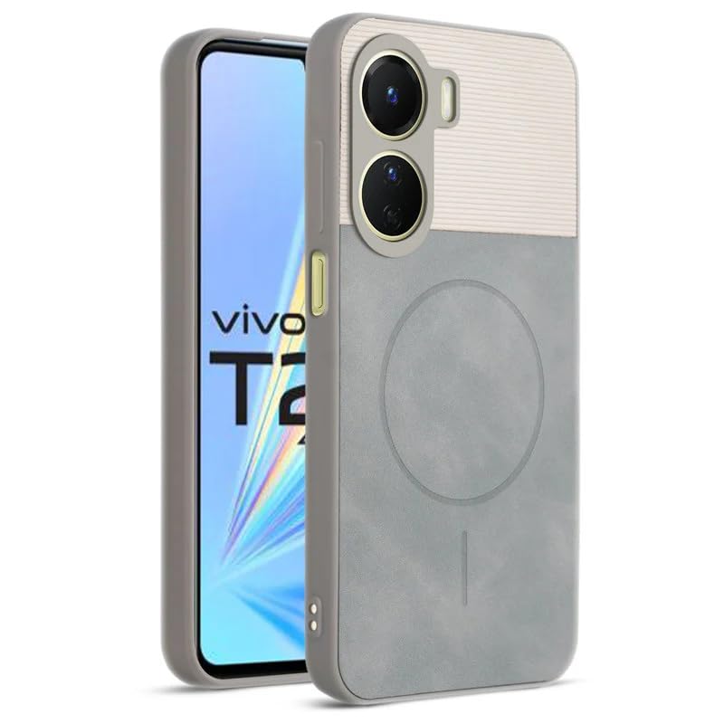 Image of Bintage case Macc-Safe Design Hard Light Weight Back Case | Soft Border Camera Protect | Dual PU Leather Finish Back Cover Compatible for Vivo Y56 5G / Vivo T2x 5G - White & Grey
