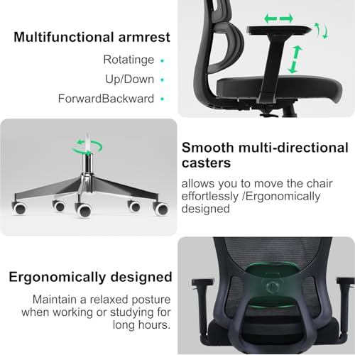 Image of Monhey Black Office Chair, Ergonomic Office Chair, Home Office Desk Chair for Big and Tall People, Computer Chair with Adjustable Headrest, Lumbar Support, Flip-Up Arms, PU Wheels (03black)