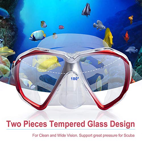 Image of Snorkel Diving Mask Panoramic HD Swim Mask, Anti-Fog Scuba Diving Goggles,Tempered Glass Dive Mask Adult Youth Swim Goggles with Nose Cover for Diving, Snorkeling, Swimming (Clear Red)