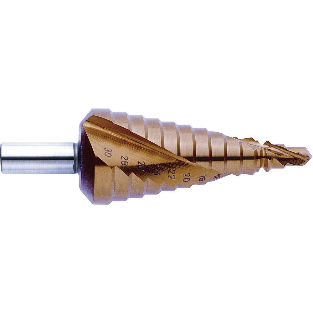 EXACT 7013 - Broca escalonada con ranura en espiral, 6-30 mm, HSS, revestimiento TiN, vástago Rotastop