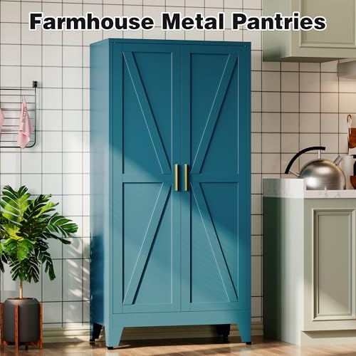 Image of Bevivog 61 inch Farmhouse Metal Storage Cabinet with 2 Doors and 3 Adjustable Shelves, Tall Bathroom Cabinet Freestanding, Blue Metal Pantry Cabinets for Kitchen, Living Room, Home Office