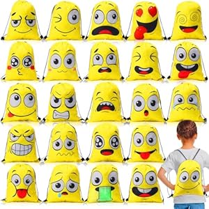 24 Pcs Emoticon Drawstring Backpack for Kids Teens Backpack Bags Emotion Party Supplies Shoulder Gym Drawstring Bags Stuff Swimming Bag Nylon Backpack for Boys Girls Candy Favors Party Gift