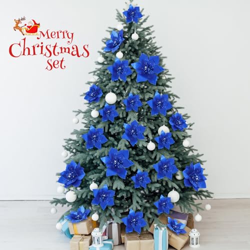 36 Pcs 3 Size Christmas Poinsettia Christmas Tree Flowers Glitter Faux Flowers Decoration Artificial Poinsettia Ornaments For Christmas New Year Home Outdoor Decoration (Royal Blue,3/ 4/ 6 Inch) - Image 4