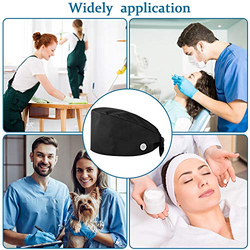 4 Pieces Bouffant Scrub Caps Adjustable Button Sweatband Hats Tie Back Hats for Women Men (Black)