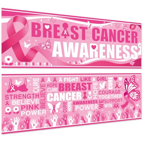 Harloon 2 Pcs Pink Ribbon Cancer Awareness Banner 13.8x38.6 Inch