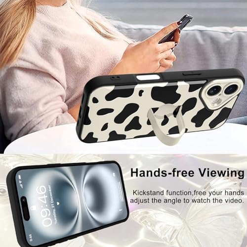Image of for iPhone 16 Case with Finger Strap Holder, Cute Cool Cow Print Pattern Design for Women Men, Shockproof Anti Scratch Hand Kickstand Protective Cover, White