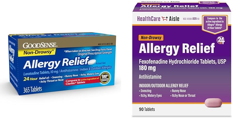 GoodSense Allergy Relief Loratadine 10mg 365Ct, HealthCareAisle Fexofenadine Hydrochloride 180mg 90Ct Allergy Relief