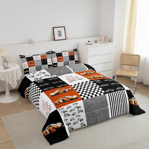 Image of Feelyou Race Car Bedding Set Speed Sports Car Comforter Set Toddler Size for Kids Boys Girls Racing Car Comforter Geometric Grid Extreme Sports Inner Fill Duvet Set 1 Comforter Set with 1 Pillowcase