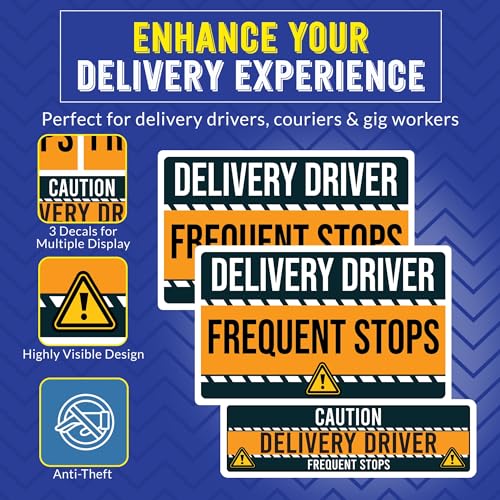 Image of Caution Delivery Driver Frequent Stops Bumper Sticker, 3 Pack, Adhesive Sticker for Vehicles, Two 12x8 inch and One 3x10 inch, Decal for Delivery Cars, Trucks, Van, Full-Color Print, Made in USA