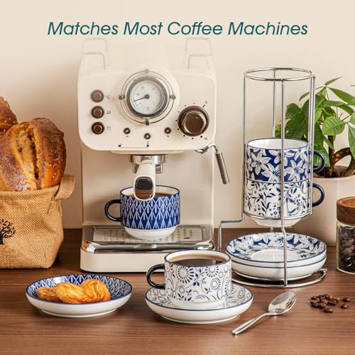 vancasso 8OZ Stackable Cappuccino Cups, Porcelain Espresso Cups with Saucers and Metal Stand Set of 4, Classic Printed Tea Cup Set for Coffee Drinks, Latte, Series SELENE (Vintage Blue, 8 Ounce) by vancasso - Used condition - Image 7