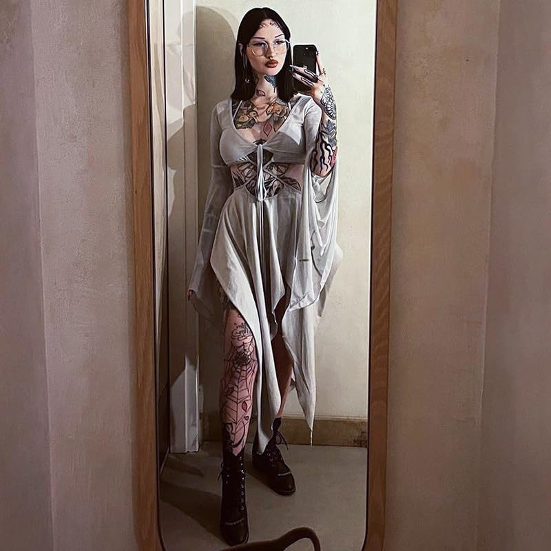 Women's Fashion 2-piece Y2K Long-sleeved Lace-up Top Lace-up MIDI Skirt 2-piece Casual Wrap Mesh Split Hem Dress4