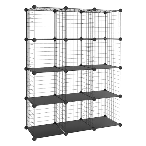SONGMICS Meuble de Rangement à 12 Cubes, Étagère Modulable en Fil Métallique, avec Supports de Fond, pour Chaussures, Livres, Jouets, Vêtements, Salle de...