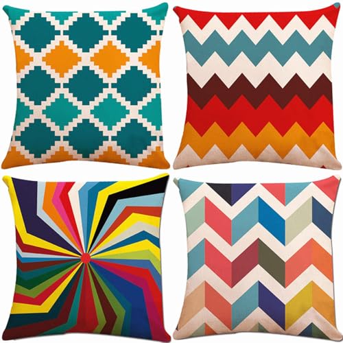 Image of BREASOME Cushion Covers 45 x 45 cm Set of 4 Colorful Abstract Geometric Cushion Covers Linen Decorative Square Throw Pillow Cases for Sofa Couch Bedroom Living Room