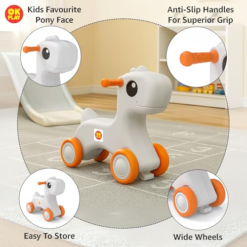 Image of OK PLAY Pony Ride On Push On for Kids | Backrest | Easy Grip | Anti Skid | Four Wheel Ride | Baby Ride On | Indoors and Outdoors Games | Light-Weight | Durable | Small | Orange & Ivory | 1 Years+