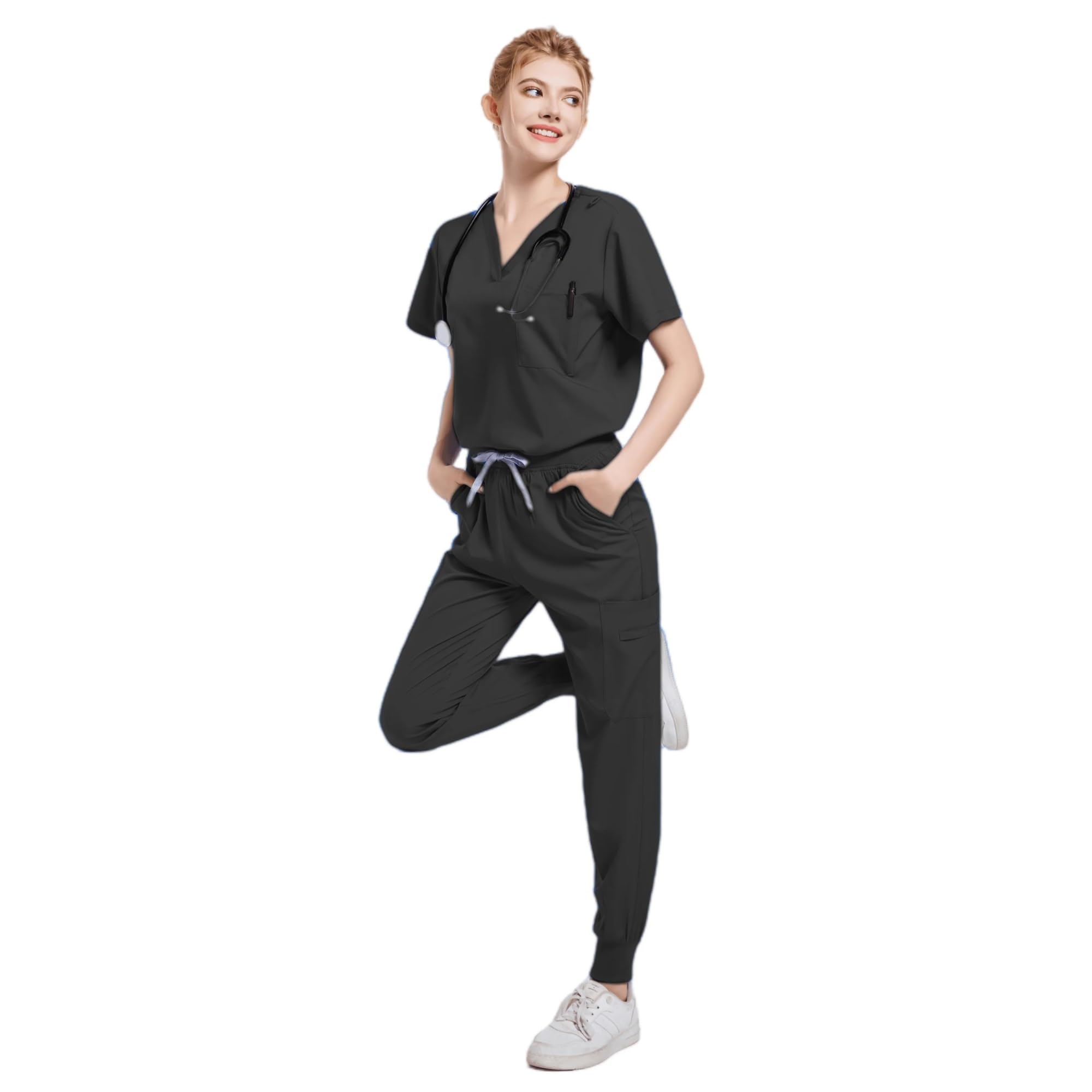 Uniforme Enfermera Ropa Traje Dividido de Manga Corta Cepillado a Mano Mascota Dentista Enfermera Ropa de Trabajo Hombres Ropa de Cuidado Uniforme de Enfermera(Black,M)