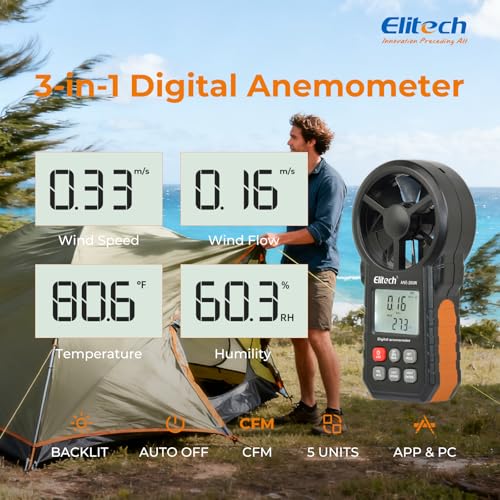 Image of Elitech ANE-200W HVAC Anemometer, Air Flow & Temp Meter with Bluetooth | Temperature Measurement, USB Data Export, Air Flow CFM /CMM Measurement, Drone Flights & HVAC Use