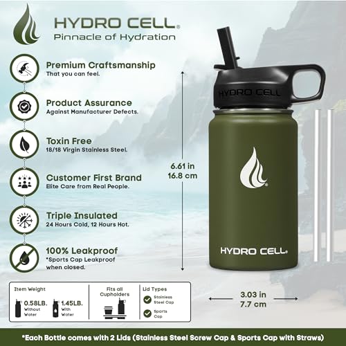Image of HYDRO CELL Stainless Steel Insulated Water Bottle with Straw - For Cold & Hot Drinks - Metal Vacuum Flask with Screw Cap and Modern Leakproof Sport Thermos for Adults (Army 14oz)