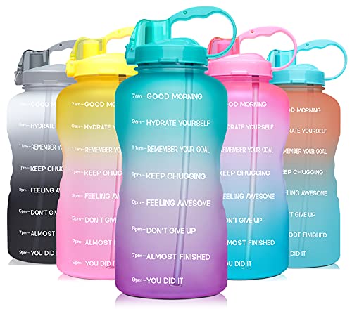 Venture Pal Large 1 Gallon/128 OZ (When Full) Motivational BPA Free Leakproof Water Bottle with Straw & Time Marker Perfect for Fitness Gym Camping Outdoor Sports-Green/Purple Gradient