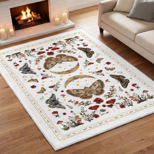 Artoid Mode White Poppy Moth Mushroom Moon Area Rug, Fall Home Decor Low-Profile Washable Large Rug for Living Room Bedroom Farmhouse Dining Room Kids Playroom 5x7 Feet