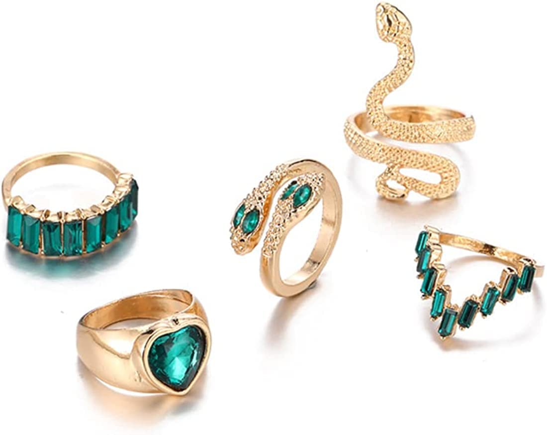 Gold Snake Ring Green Crystal Rings for Women, Stackable Knuckle Ring Set Middle Finger Rings for Women, Heart Chunky Rings for Girls